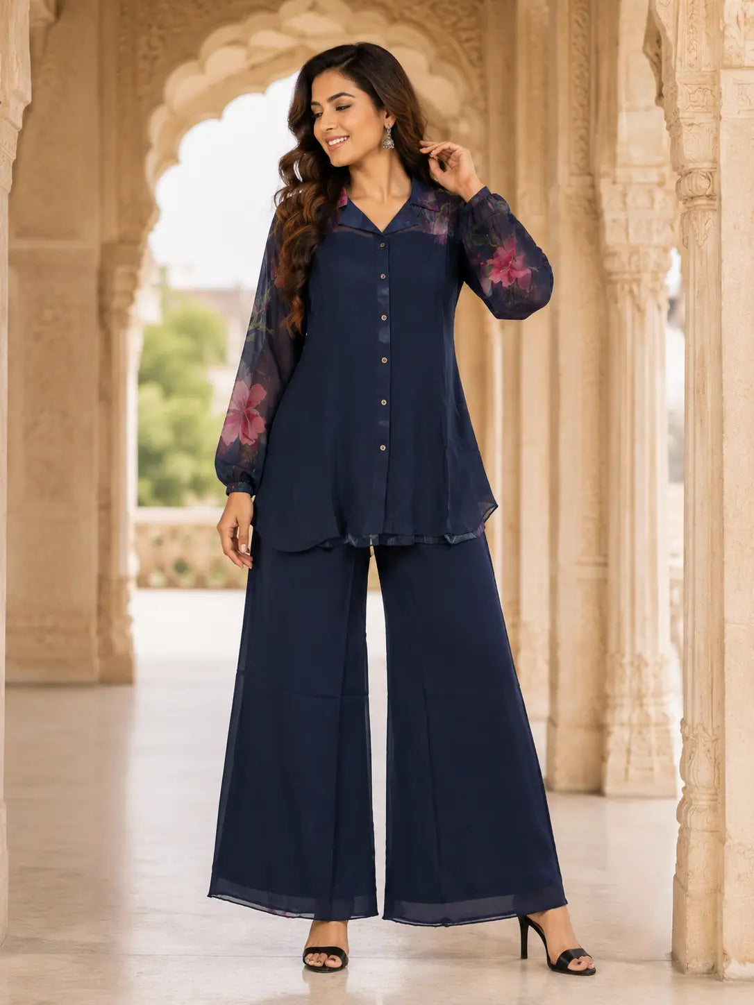 Navy Floral Sheer-Sleeve Set