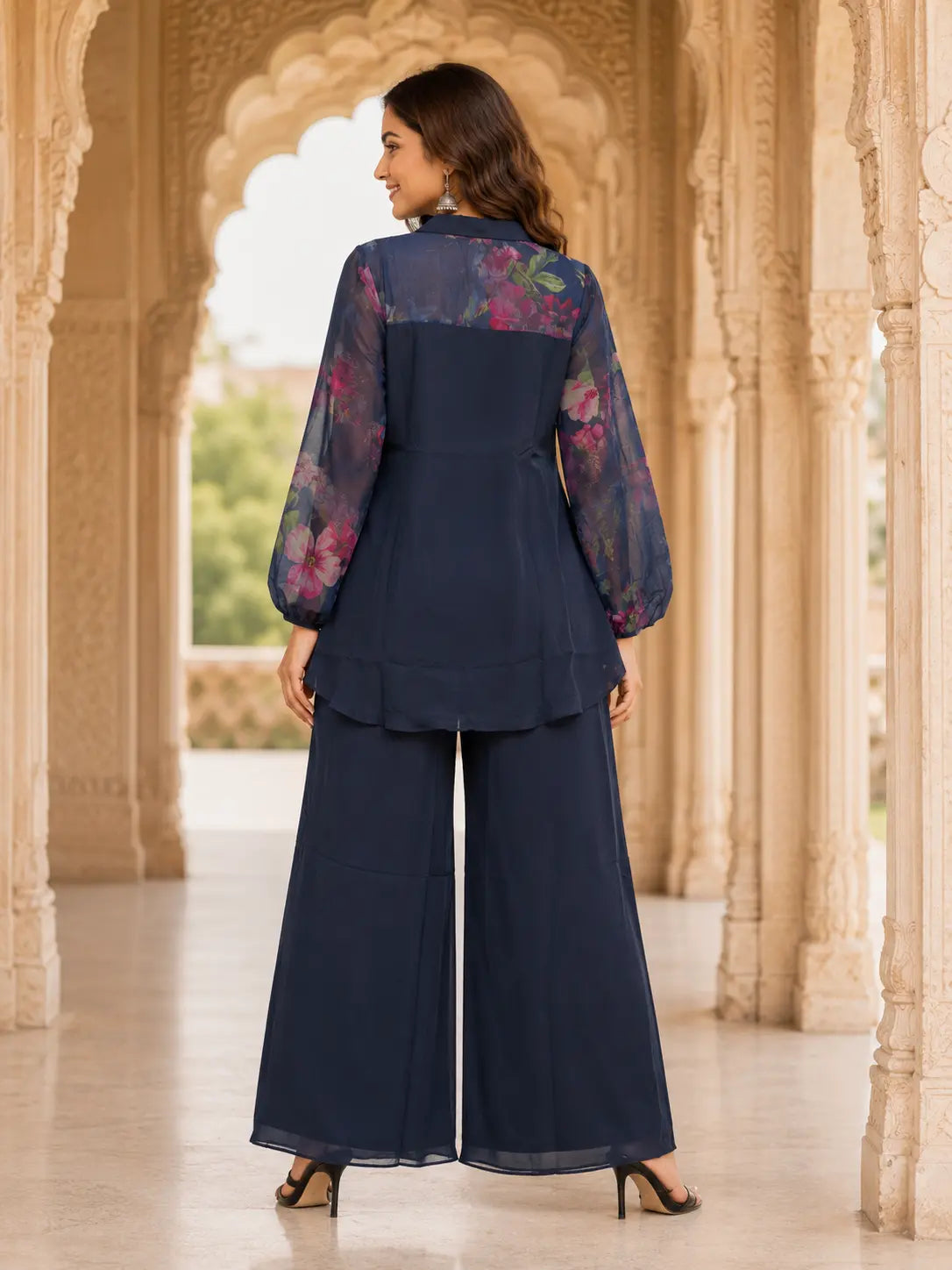 Navy Floral Sheer-Sleeve Set
