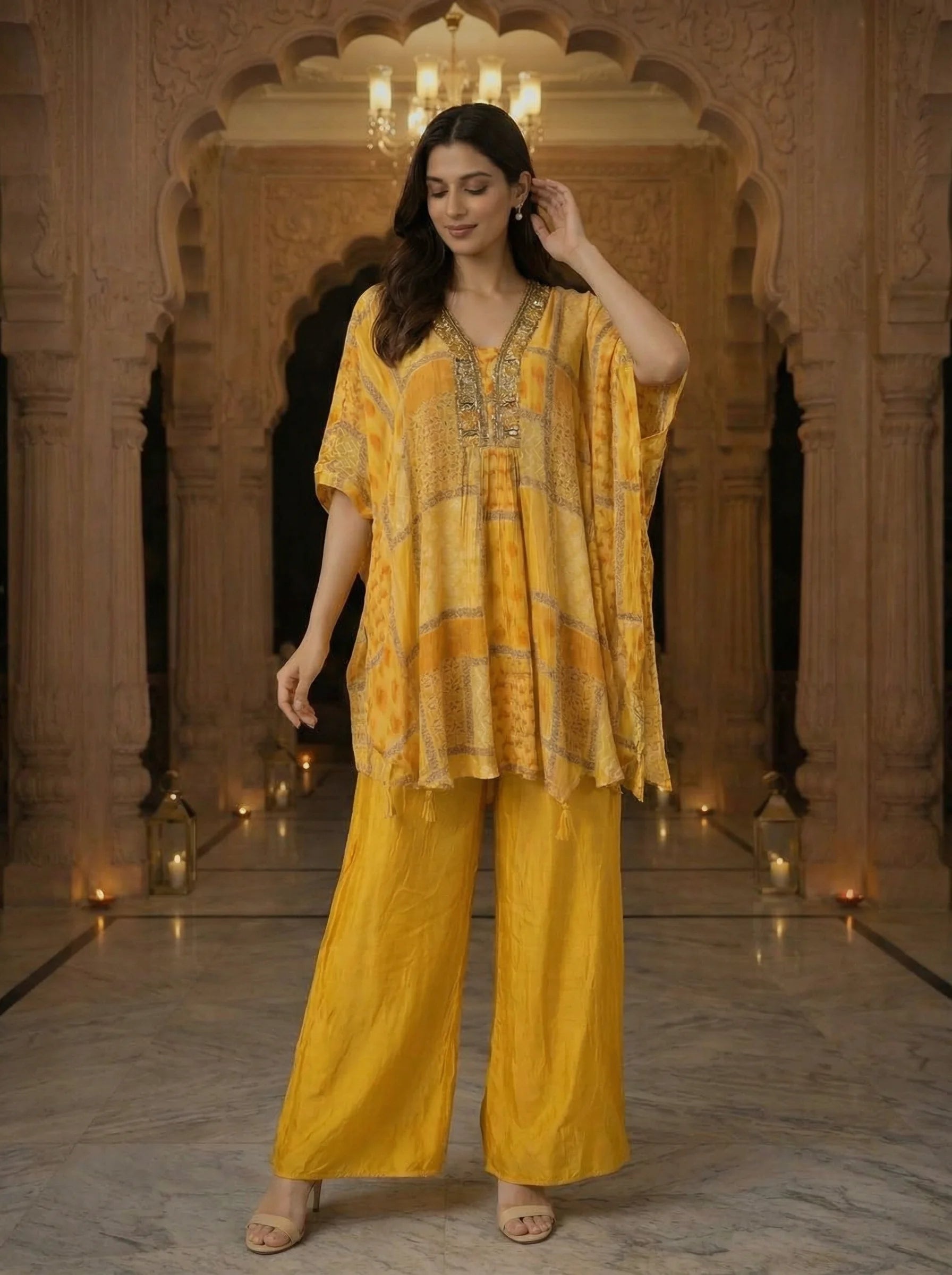 YELLOW PRINTED KAFTAN
